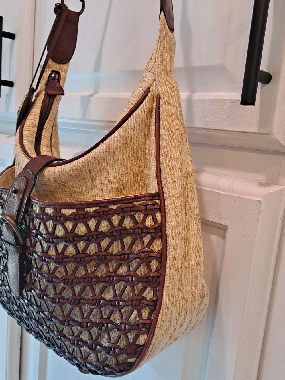 Etienne Aigner Vintage Cream Cotton Jute Brown Woven Leather Hobo Shoulder Bag